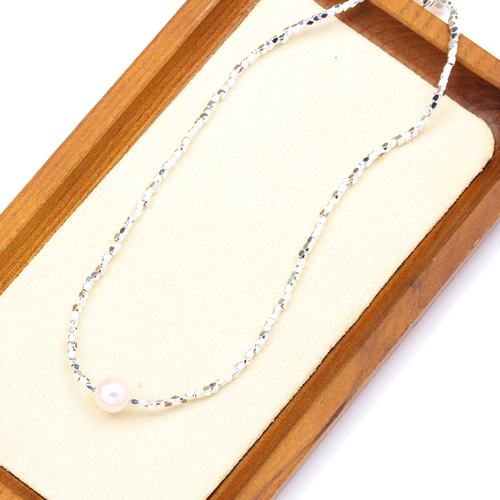 BoldlyBeautiful - Cute Broken Silver Necklace with Natural Pearl Pendant