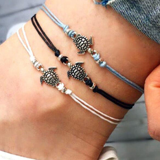 BoldlyBeautiful - Vintage Wax Rope Turtle Anklet Bracelet Silver Tricolor Beach Jewelry