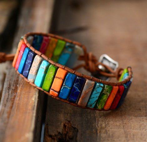 BoldlyBeautiful - Colored Imperial Stone Hand-woven Leather Bracelet Ethnic Style