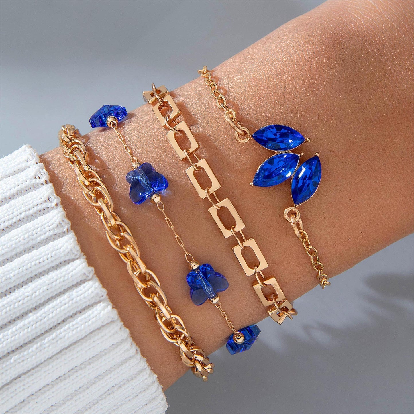 BoldlyBeautiful - Blue Flower Love Butterfly Bracelet Set Rhinestones Design Jewelry