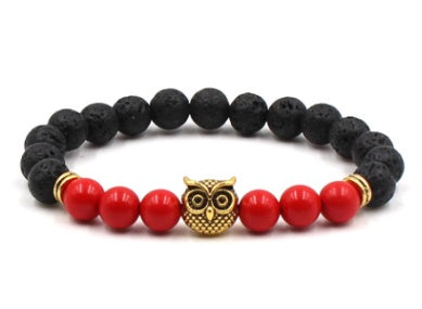 BoldlyBeautiful - Natural Stone Black Lava Volcanic Stone 8 mm - Bracelet with Gold Alloy Owl