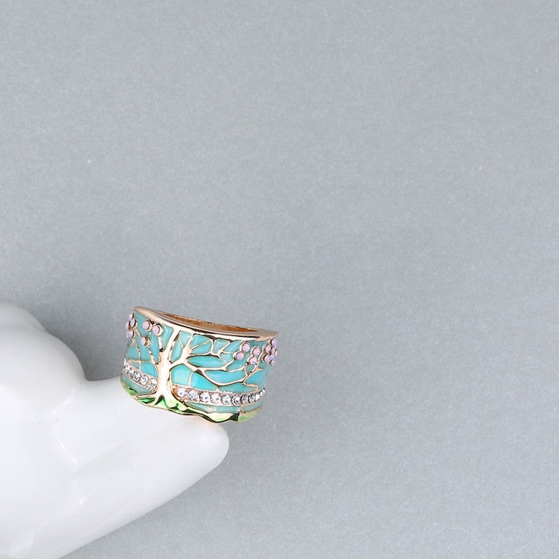 BoldlyBeautiful -  Opal Green And Pink Flower Tree Wide Ring