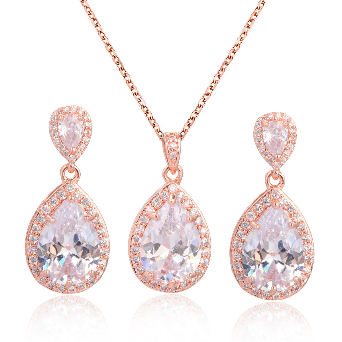 BoldlyBeautiful - Zircon Water Drops Necklace Eardrops Bridal Jewelry