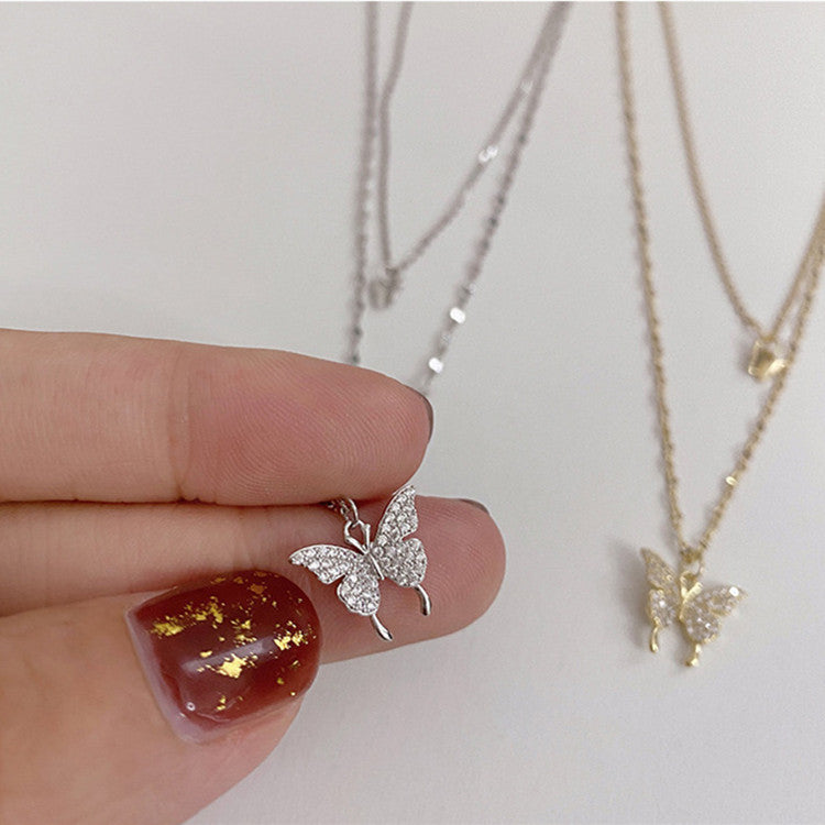 BoldlyBeautiful - Elegant Silver Butterfly Necklace with Double Layer Clavicle Chain