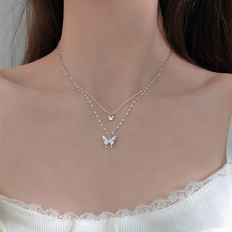 BoldlyBeautiful - Elegant Silver Butterfly Necklace with Double Layer Clavicle Chain