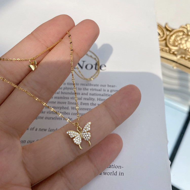 BoldlyBeautiful - Elegant Silver Butterfly Necklace with Double Layer Clavicle Chain