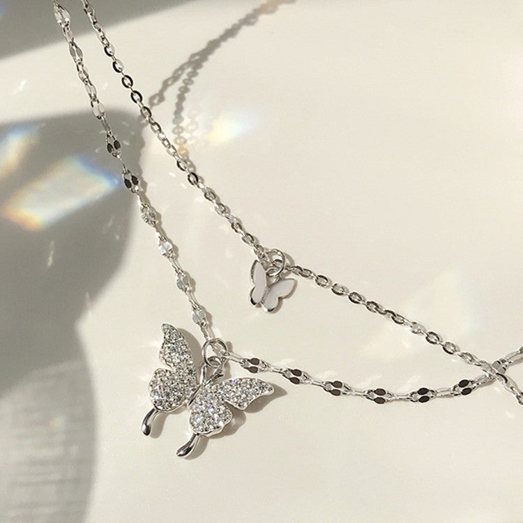 BoldlyBeautiful - Elegant Silver Butterfly Necklace with Double Layer Clavicle Chain