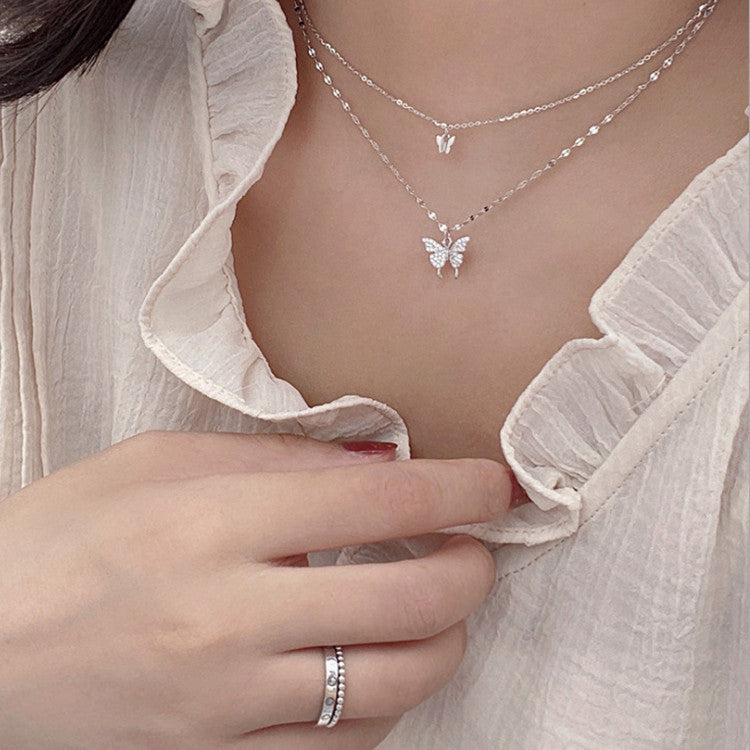 BoldlyBeautiful - Elegant Silver Butterfly Necklace with Double Layer Clavicle Chain