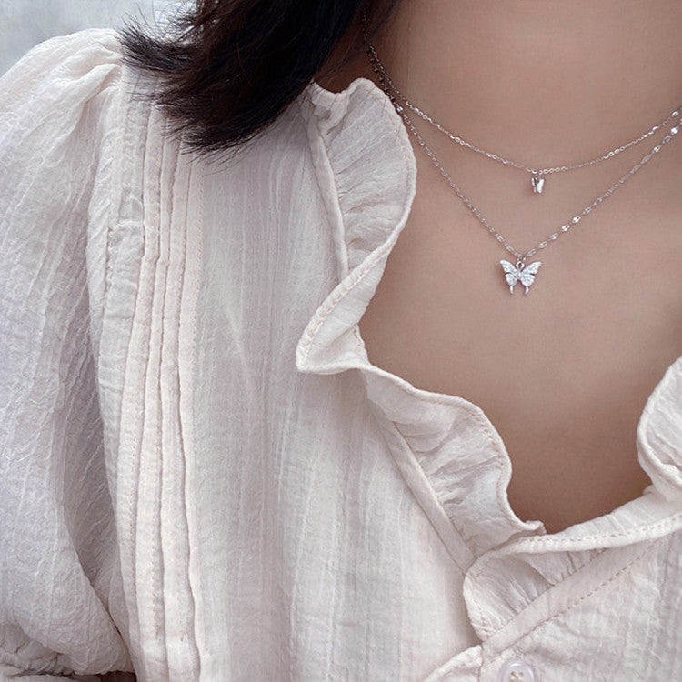 BoldlyBeautiful - Elegant Silver Butterfly Necklace with Double Layer Clavicle Chain