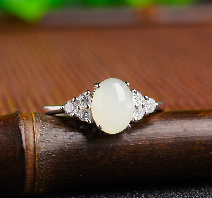 BoldlyBeautiful - Adjustable Moonstone Jade Ring with 925 Silver