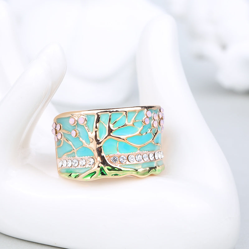 BoldlyBeautiful -  Opal Green And Pink Flower Tree Wide Ring