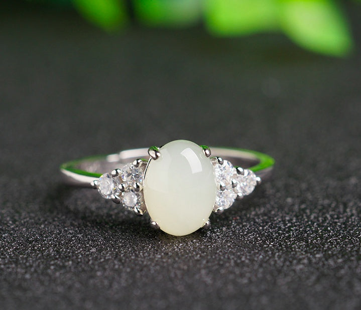 BoldlyBeautiful - Adjustable Moonstone Jade Ring with 925 Silver