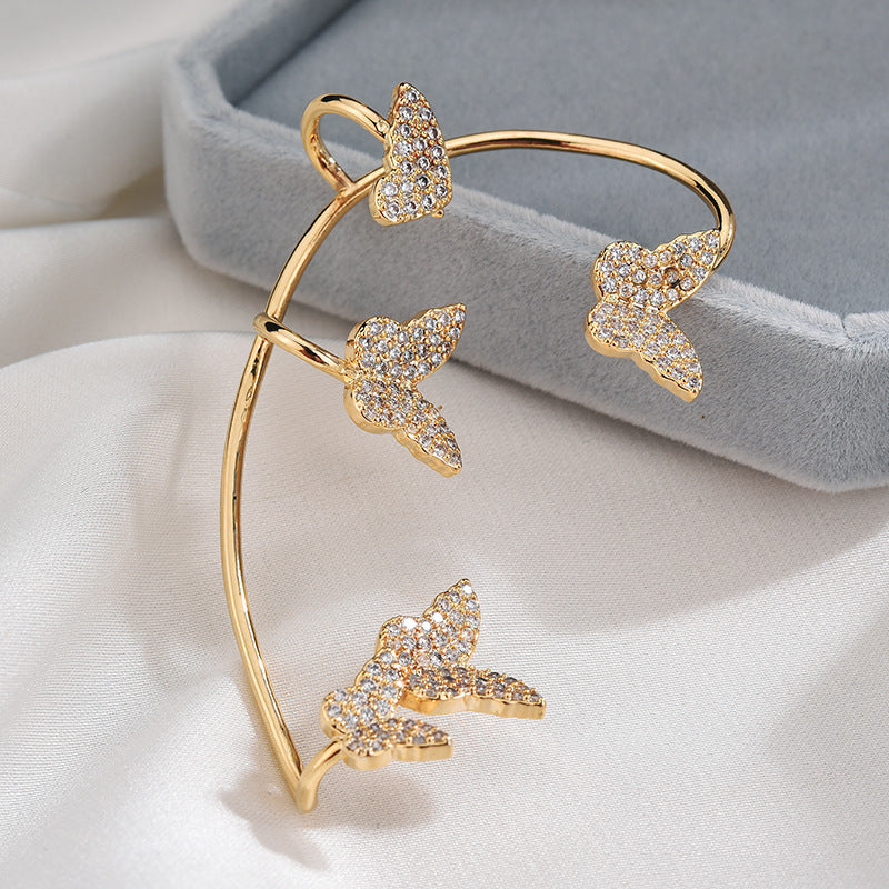 BoldlyBeautiful - Gold Metal Butterfly Ear Clips Sparkling Zircon Ear Cuff Jewelry