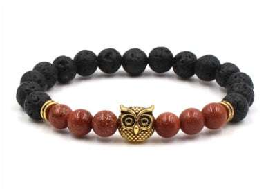 BoldlyBeautiful - Natural Stone Black Lava Volcanic Stone 8 mm - Bracelet with Gold Alloy Owl