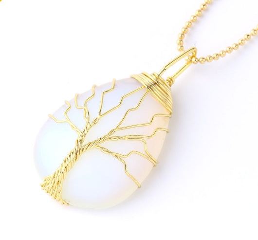 BoldlyBeautiful - Natural Stone Pendant with Gold Color Wire Wrap Gem