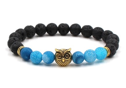 BoldlyBeautiful - Natural Stone Black Lava Volcanic Stone 8 mm - Bracelet with Gold Alloy Owl