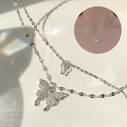 BoldlyBeautiful - Elegant Silver Butterfly Necklace with Double Layer Clavicle Chain