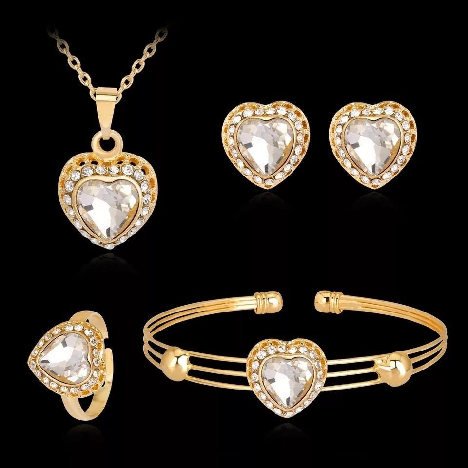 BoldlyBeautiful - Peach Heart Rhinestone Earrings Love Necklace Bridal Jewelry Set