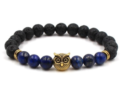 BoldlyBeautiful - Natural Stone Black Lava Volcanic Stone 8 mm - Bracelet with Gold Alloy Owl