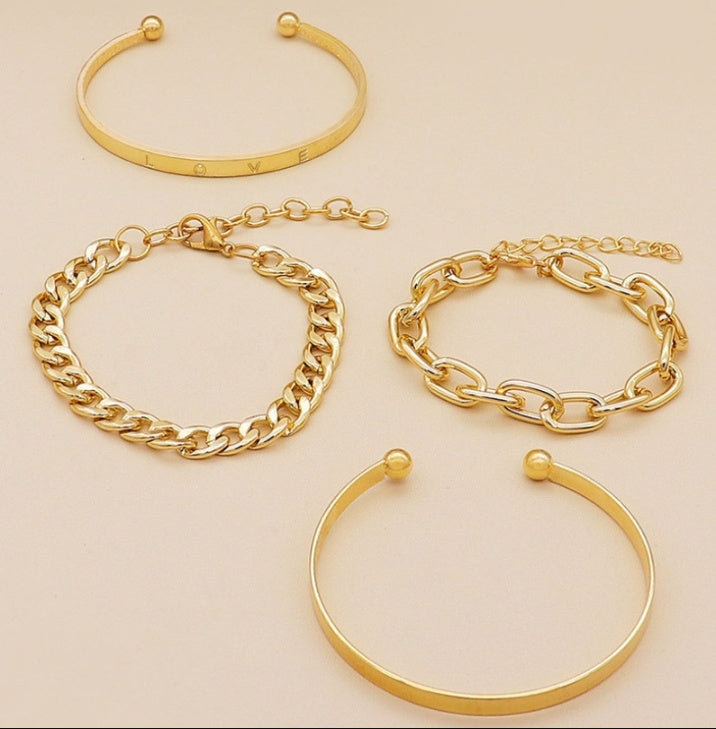 BoldlyBeautiful - Simple Smooth C-shaped Hollow Chain Bracelet Set Jewelry