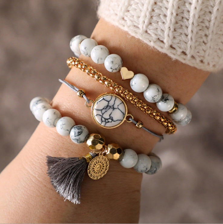 BoldlyBeautiful - Geometric Creative Hollow Fringed Pine Stone Bracelet Four-Piece Set