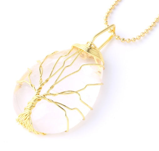 BoldlyBeautiful - Natural Stone Pendant with Gold Color Wire Wrap Gem