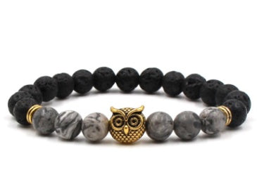 BoldlyBeautiful - Natural Stone Black Lava Volcanic Stone 8 mm - Bracelet with Gold Alloy Owl