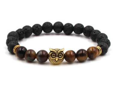 BoldlyBeautiful - Natural Stone Black Lava Volcanic Stone 8 mm - Bracelet with Gold Alloy Owl