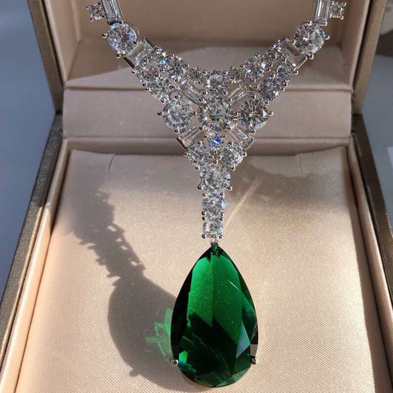 BoldlyBeautiful - Silver Gold-Plated Moissan Diamond Pendant with Natural Emerald Necklace