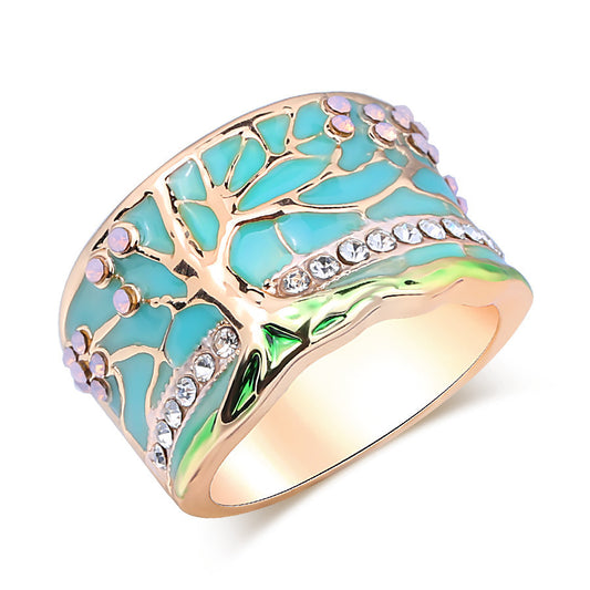 BoldlyBeautiful -  Opal Green And Pink Flower Tree Wide Ring