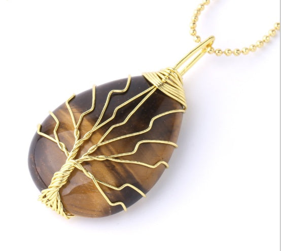 BoldlyBeautiful - Natural Stone Pendant with Gold Color Wire Wrap Gem