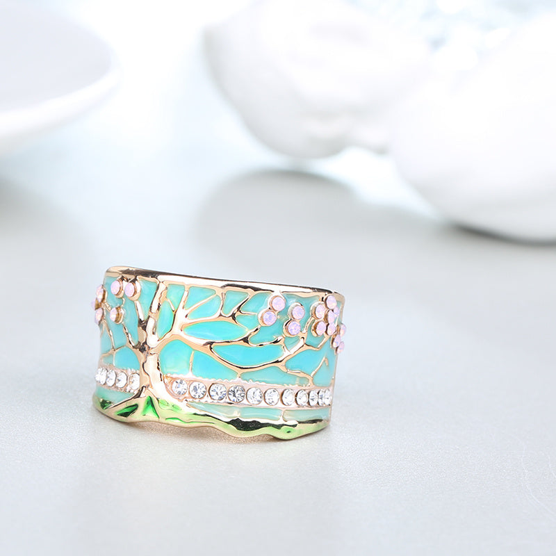 BoldlyBeautiful -  Opal Green And Pink Flower Tree Wide Ring