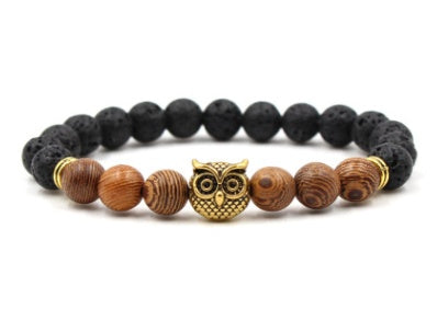 BoldlyBeautiful - Natural Stone Black Lava Volcanic Stone 8 mm - Bracelet with Gold Alloy Owl