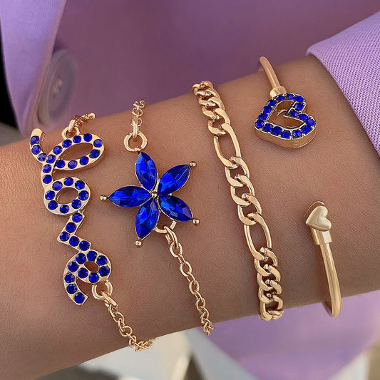 BoldlyBeautiful - Blue Flower Love Butterfly Bracelet Set Rhinestones Design Jewelry