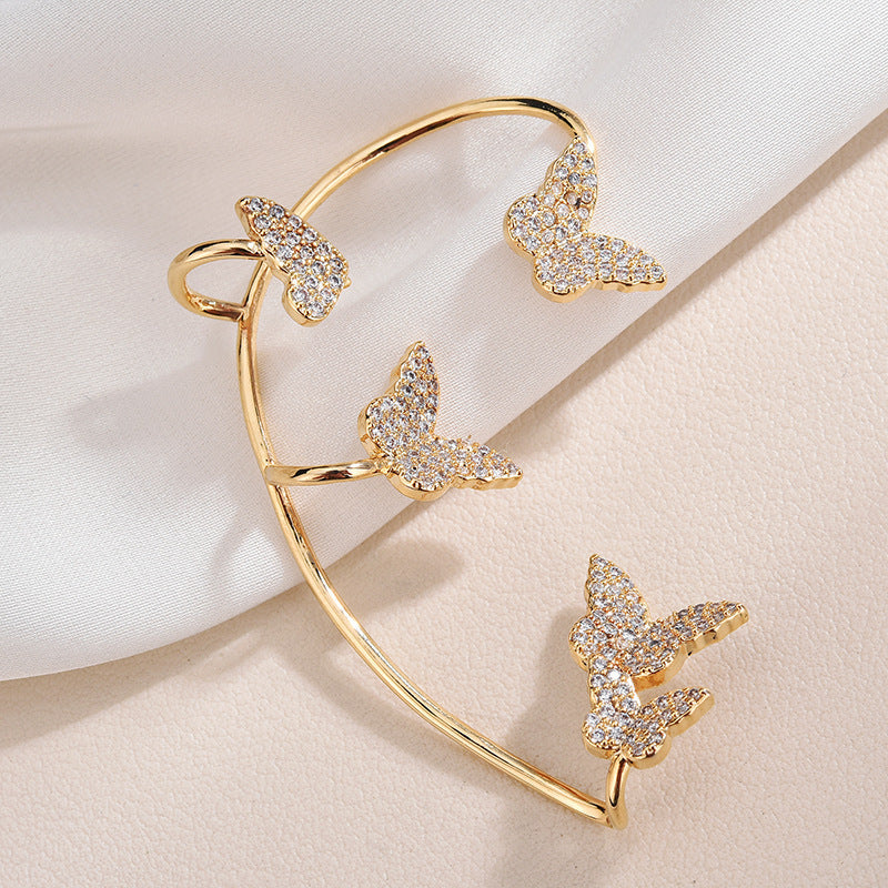 BoldlyBeautiful - Gold Metal Butterfly Ear Clips Sparkling Zircon Ear Cuff Jewelry