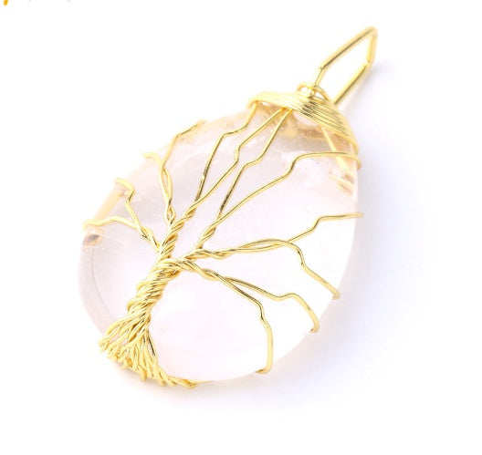 BoldlyBeautiful - Natural Stone Pendant with Gold Color Wire Wrap Gem