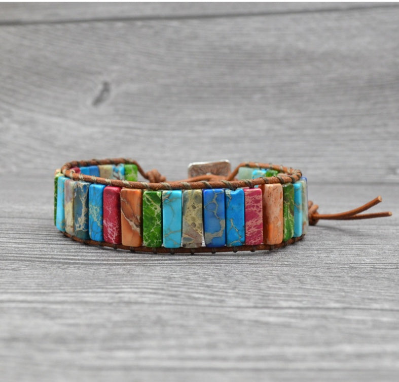 BoldlyBeautiful - Colored Imperial Stone Hand-woven Leather Bracelet Ethnic Style