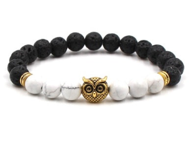 BoldlyBeautiful - Natural Stone Black Lava Volcanic Stone 8 mm - Bracelet with Gold Alloy Owl