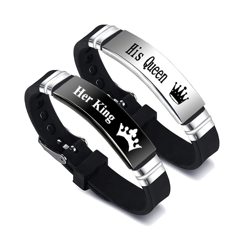 BoldlyBeautiful - Black Silver Her King His Queen Couple Bracelets Valentines Day Gift