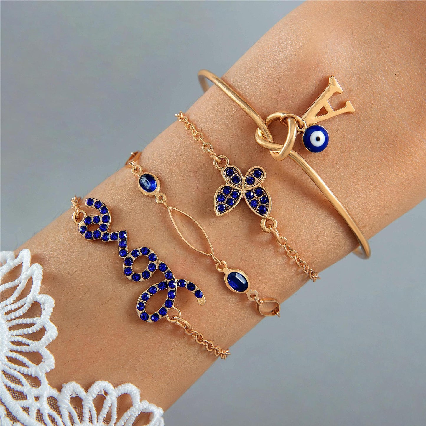 BoldlyBeautiful - Blue Flower Love Butterfly Bracelet Set Rhinestones Design Jewelry