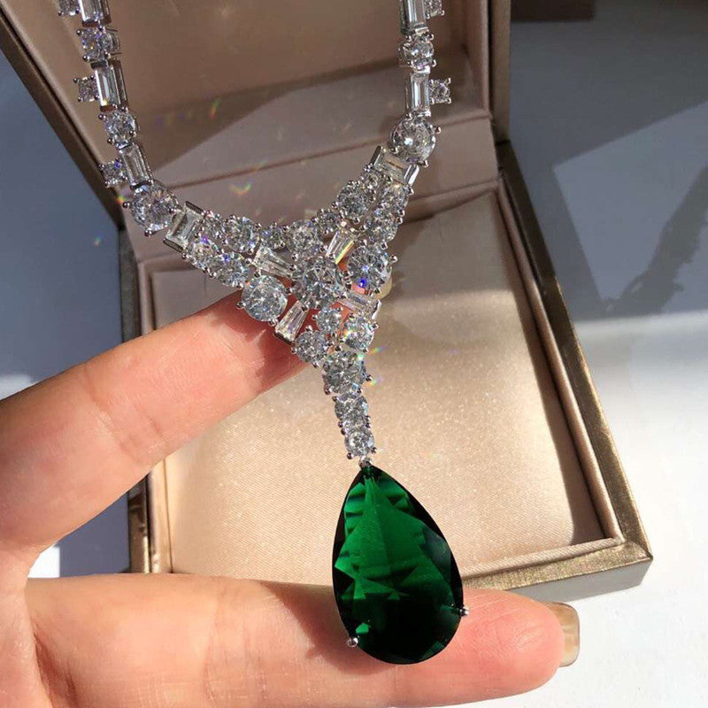 BoldlyBeautiful - Silver Gold-Plated Moissan Diamond Pendant with Natural Emerald Necklace