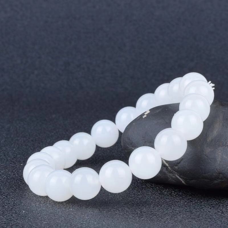 BoldlyBeautiful - Premium Hotan White Jade Goat Fat Round Bead Bracelet