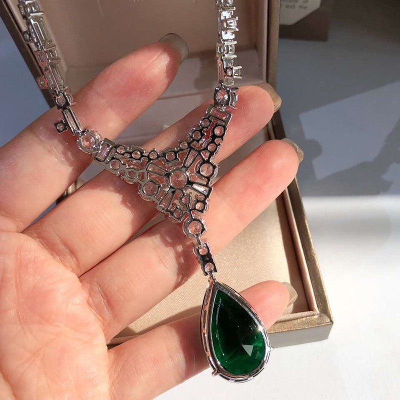 BoldlyBeautiful - Silver Gold-Plated Moissan Diamond Pendant with Natural Emerald Necklace