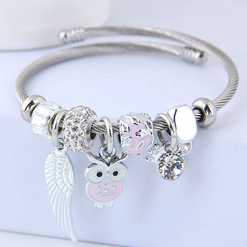 BoldlyBeautiful - DIY Beaded Owl Angel Wings Pendant Stainless Steel Bracelet