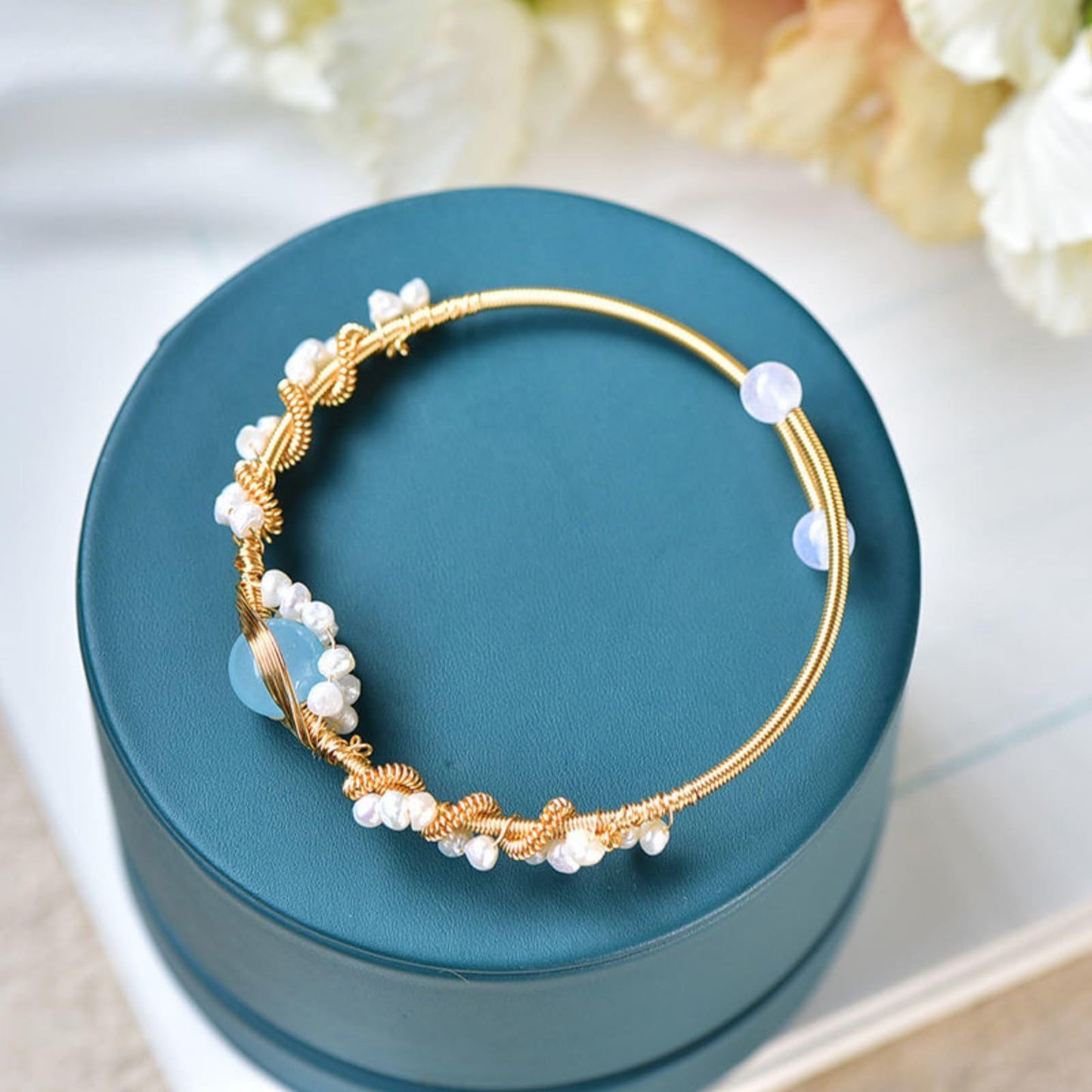 BoldlyBeautiful - Gold Plating Pearl Bracelet Wire Braided Vintage Style Cuff Jewelry